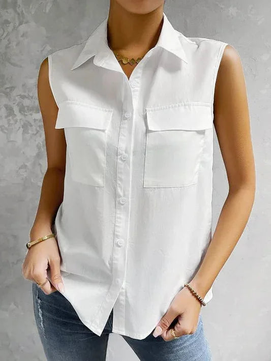 Chemise blanche sans manches à revers, couleur unie, poches