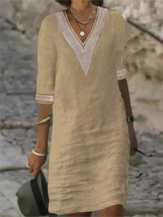 Robes en coton et lin de couleur unie pour femmes, demi-manches, bord en dentelle, col en v