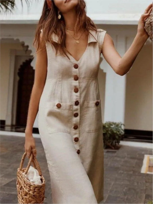 Robes Pour Femmes Sans Manches Couleur Unie Boutons Mode Vintage Robe Ample