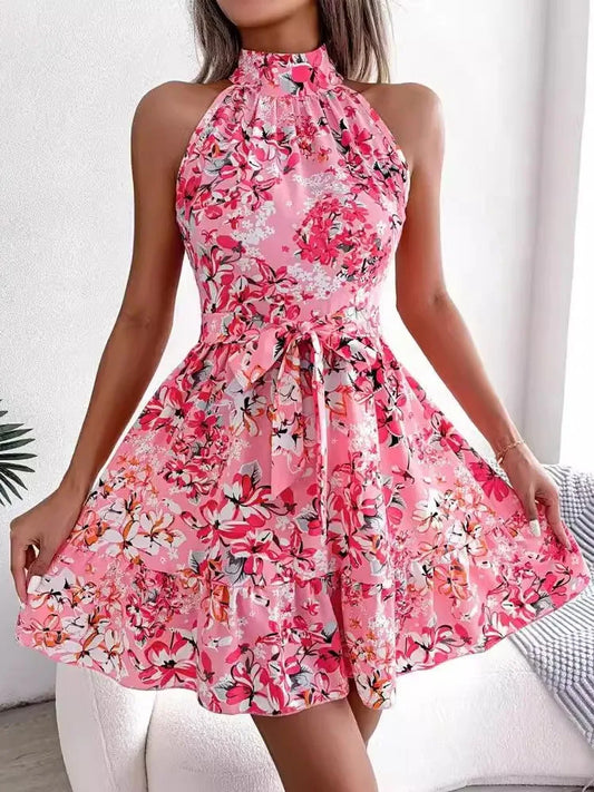 Mini robe à lacets pour femmes, imprimé floral, col licou, sans manches, nœud papillon